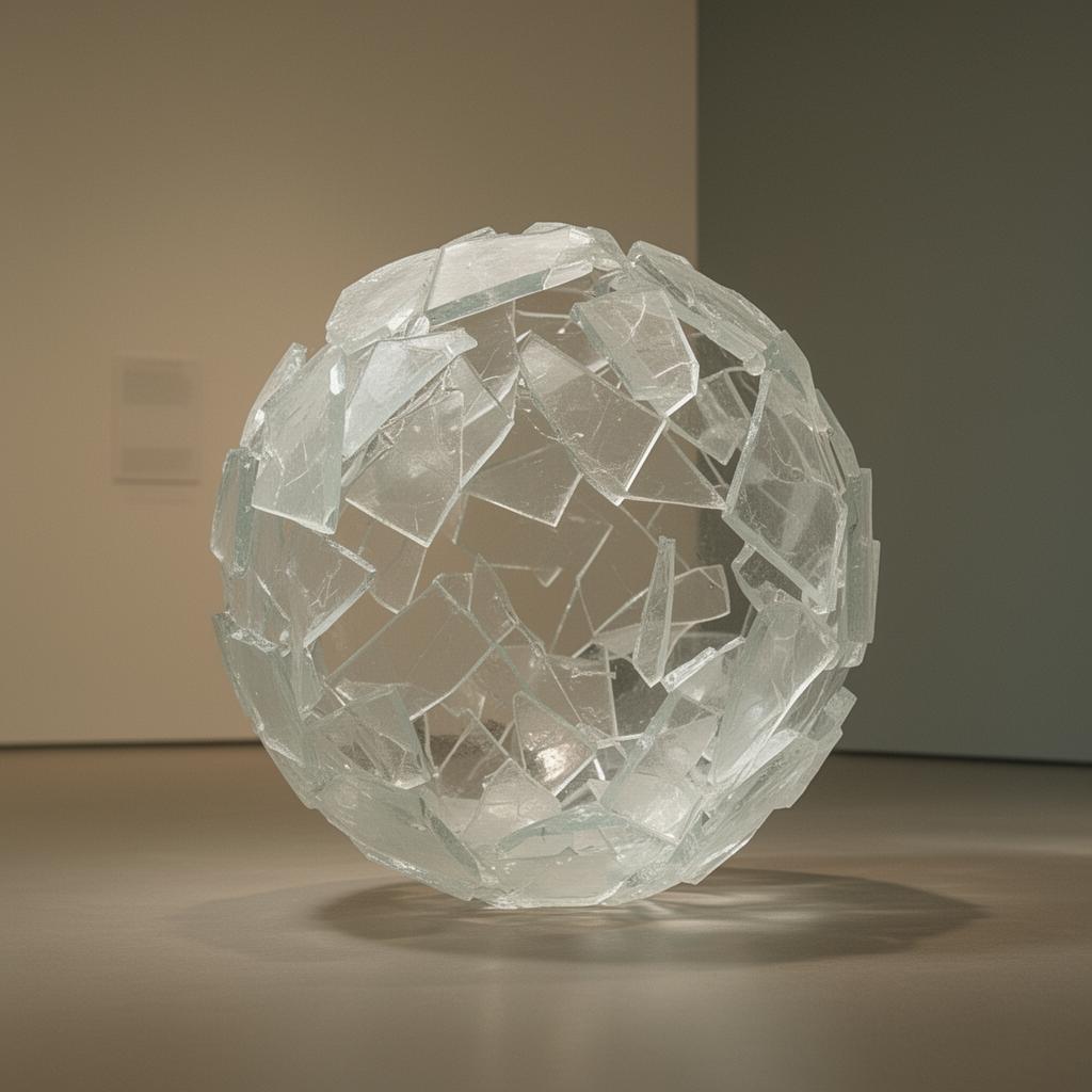 Sculpture of fractured glass aligning into a sphere — a visual metaphor for internal fragmentation resolving into harmony